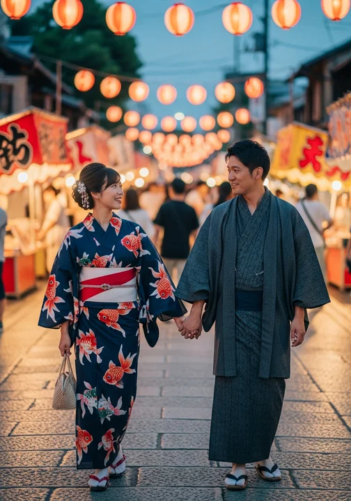 祇園祭宵山中的情侣浴衣搭配——深蓝金鱼+灰色羽织